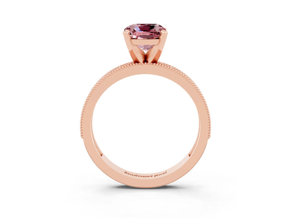 Rose gold Cushion Cut Morganite Milgrain Pavé Engagement Ring with Four-Prong Setting