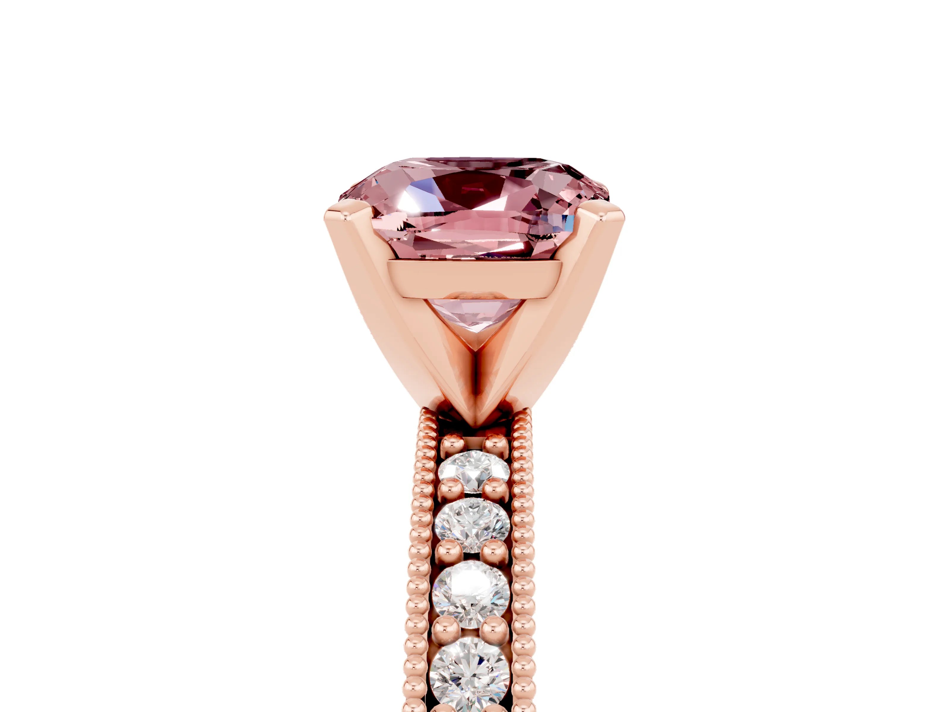 Rose gold Cushion Cut Morganite Milgrain Pavé Engagement Ring with Four-Prong Setting_17