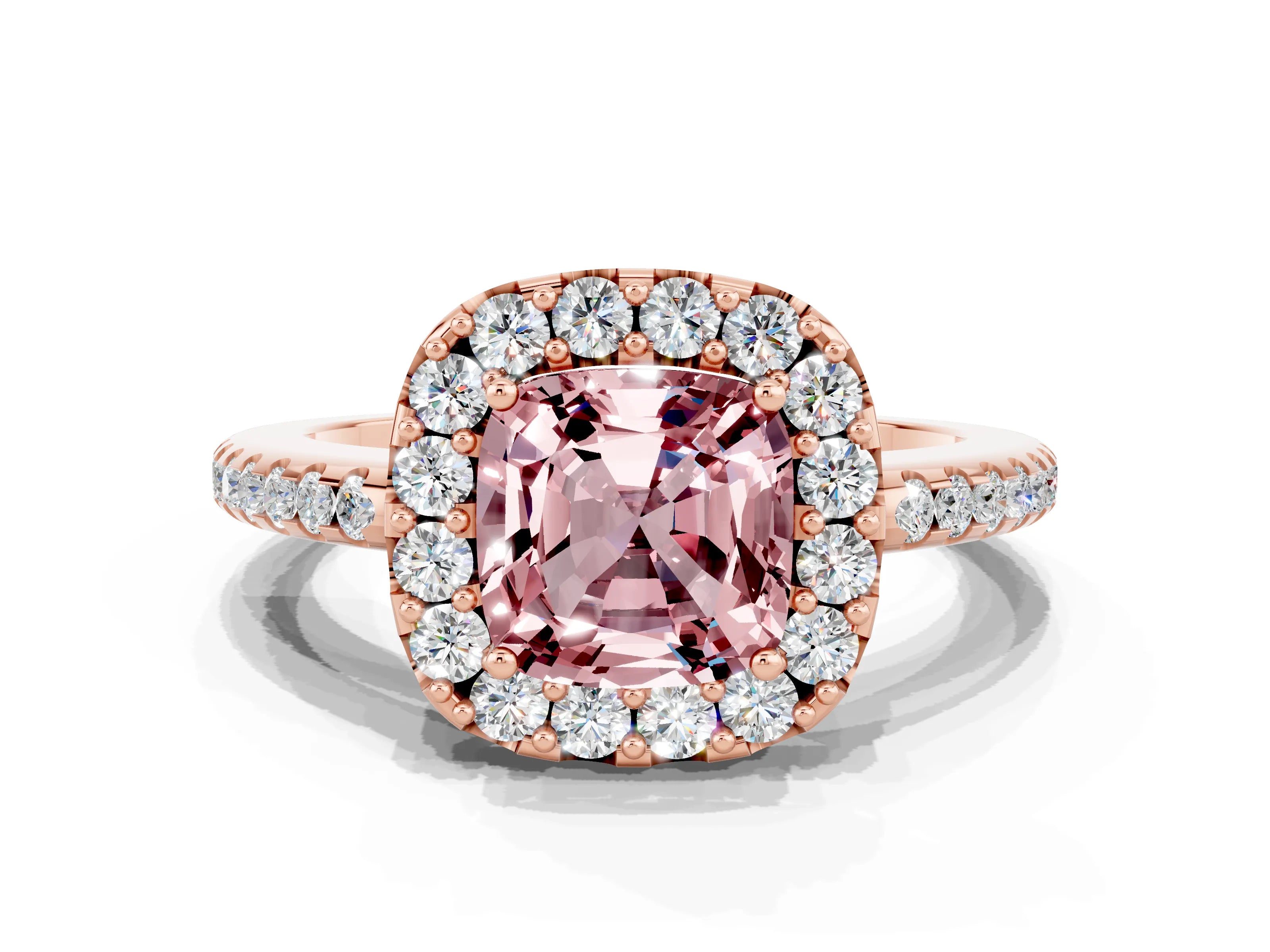 Rose gold Cushion Cut Morganite Pavé Halo Ring with Four-Prong Setting_12