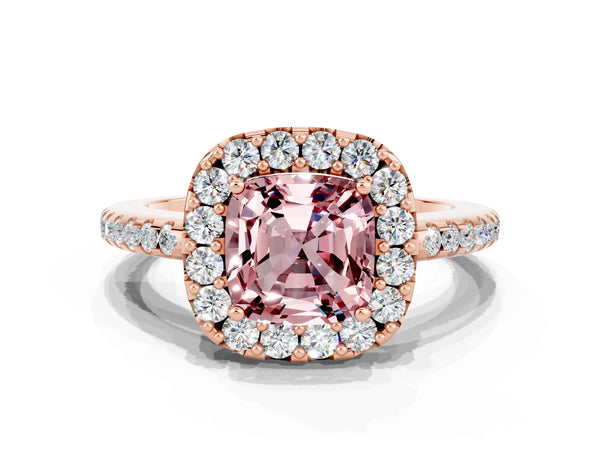 Rose gold Cushion Cut Morganite Pavé Halo Ring with Four-Prong Setting