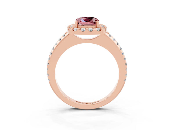 Rose gold Cushion Cut Morganite Pavé Halo Ring with Four-Prong Setting