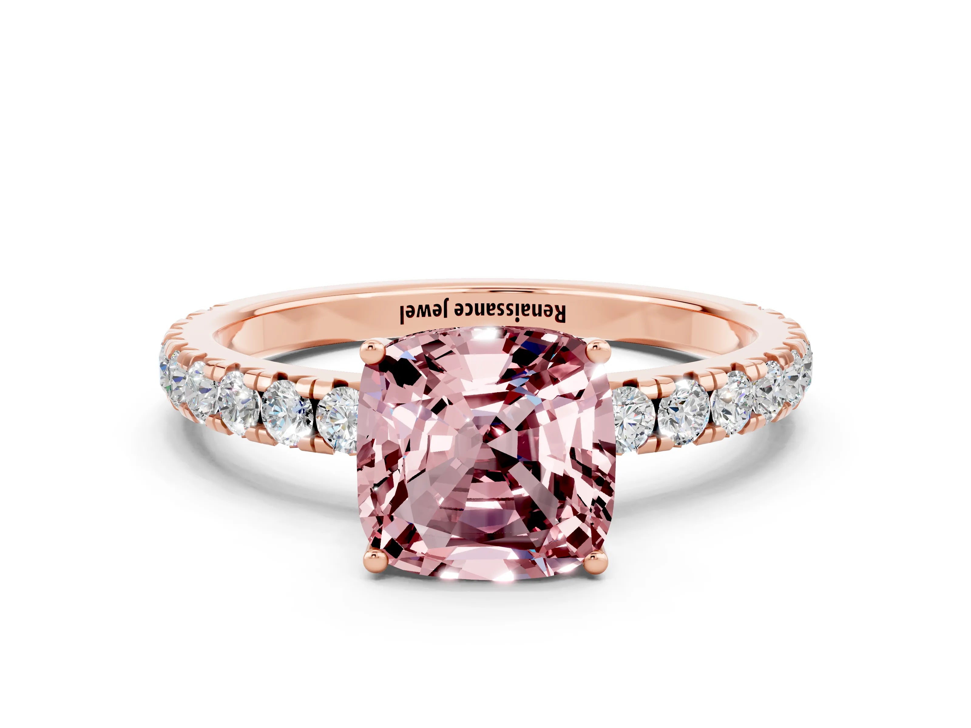 Rose gold Cushion Cut Morganite Pavé Solitaire Engagement Ring with Four-Prong Setting_12