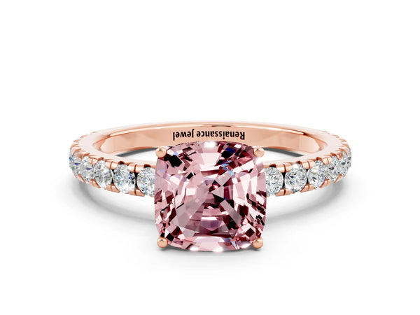Rose gold Cushion Cut Morganite Pavé Solitaire Engagement Ring with Four-Prong Setting