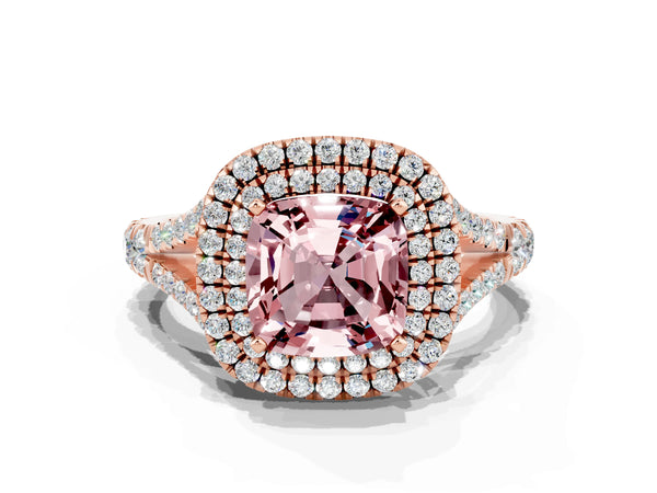 Rose gold Cushion Cut Morganite Pavé Split Shank Double Halo Engagement Ring