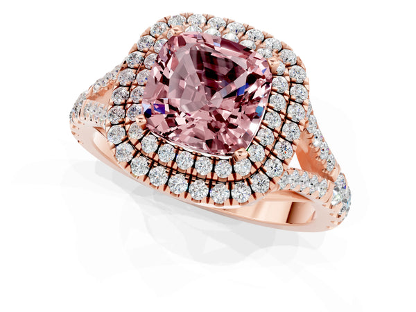Rose gold Cushion Cut Morganite Pavé Split Shank Double Halo Engagement Ring
