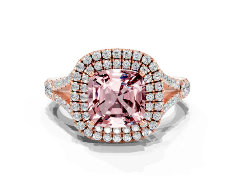 Rose gold Cushion Cut Morganite Pavé Split Shank Double Halo Engagement Ring