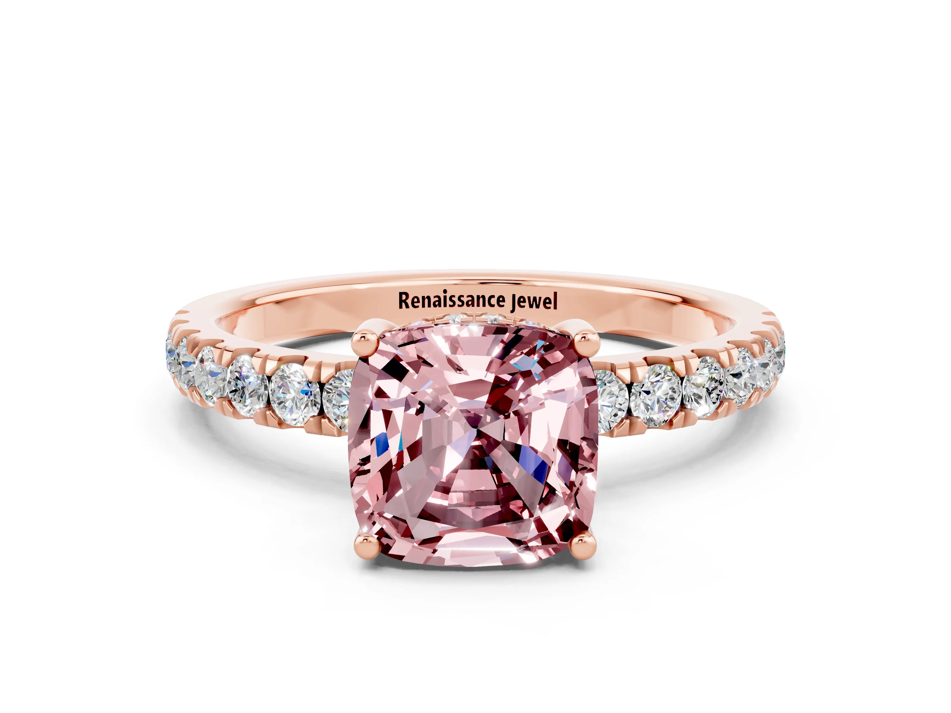 Rose gold Cushion Cut Morganite Pave Band Solitaire Ring with Four-Prong Setting_24