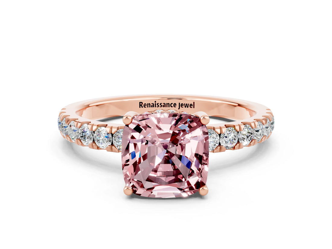 Rose gold Cushion Cut Morganite Pave Band Solitaire Ring with Four-Prong Setting_24