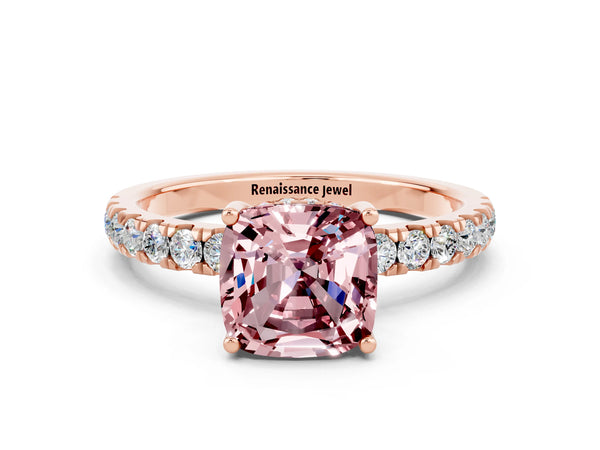 Rose gold Cushion Cut Morganite Pave Band Solitaire Ring with Round  and Prong Setting