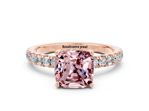Rose gold Cushion Cut Morganite Pave Band Solitaire Ring with Four-Prong Setting_24
