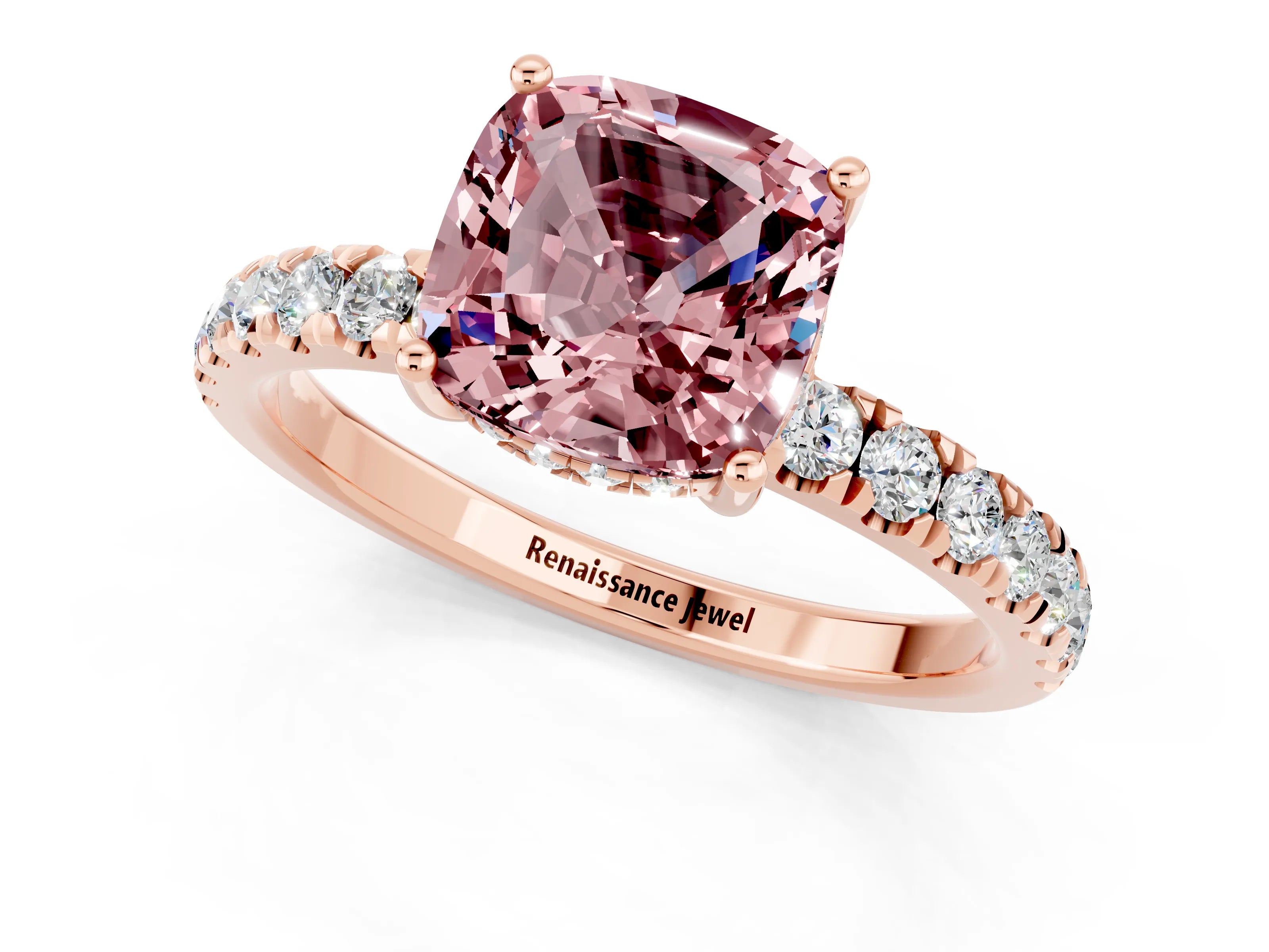 Rose gold Cushion Cut Morganite Pave Band Solitaire Ring with Four-Prong Setting_25