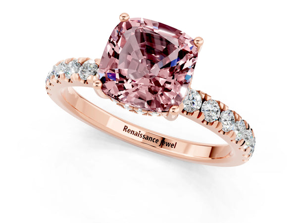 Rose gold Cushion Cut Morganite Pave Band Solitaire Ring with Round  and Prong Setting