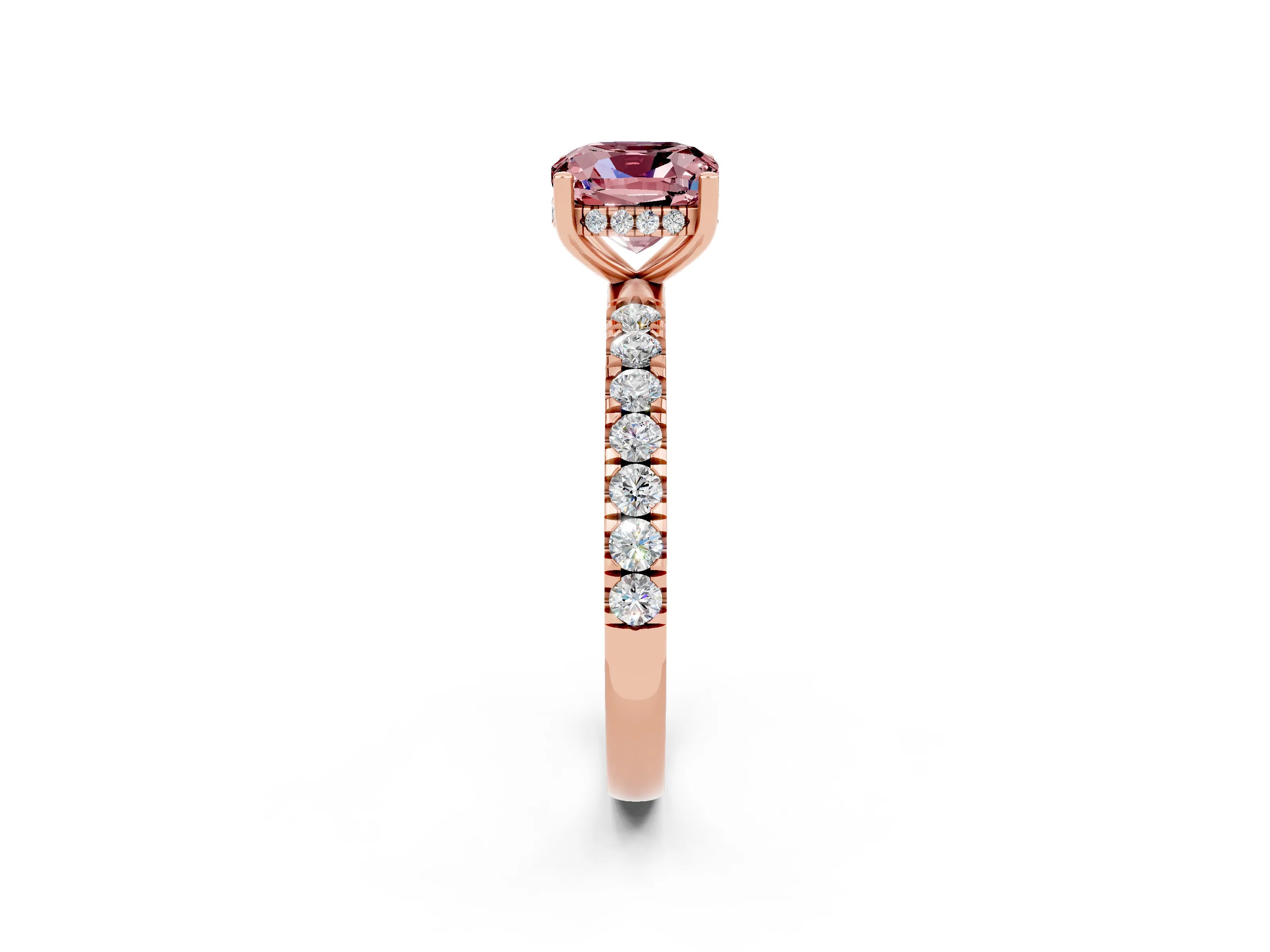 Rose gold Cushion Cut Morganite Pave Band Solitaire Ring with Four-Prong Setting_26