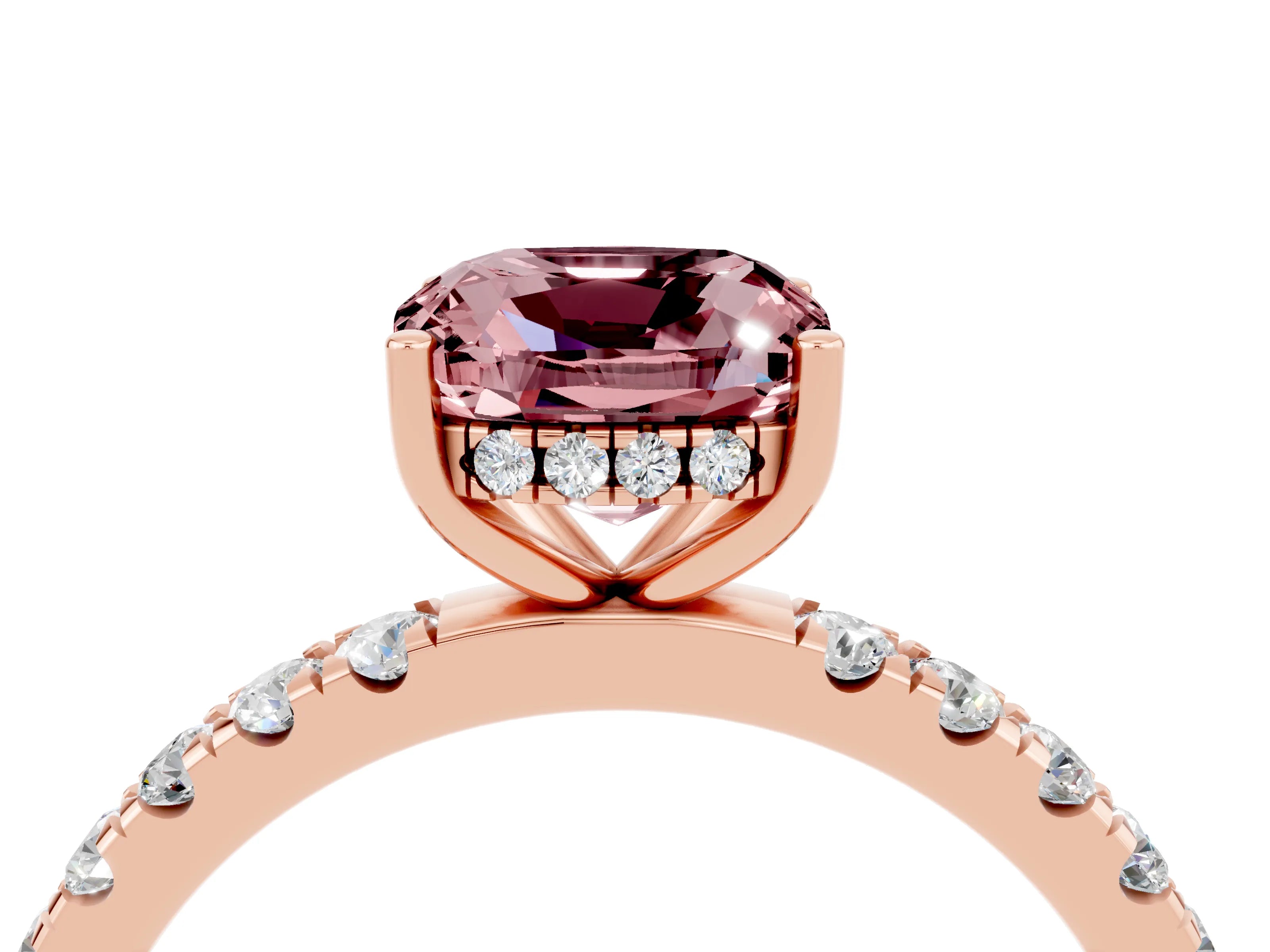 Rose gold Cushion Cut Morganite Pave Band Solitaire Ring with Four-Prong Setting_28