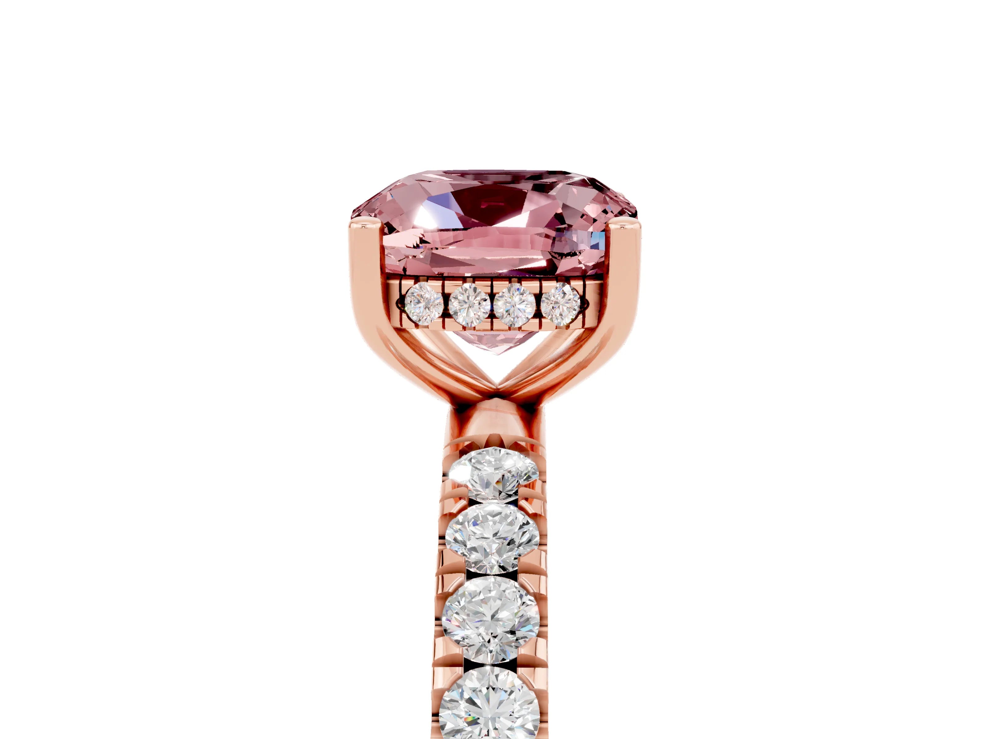 Rose gold Cushion Cut Morganite Pave Band Solitaire Ring with Four-Prong Setting_29