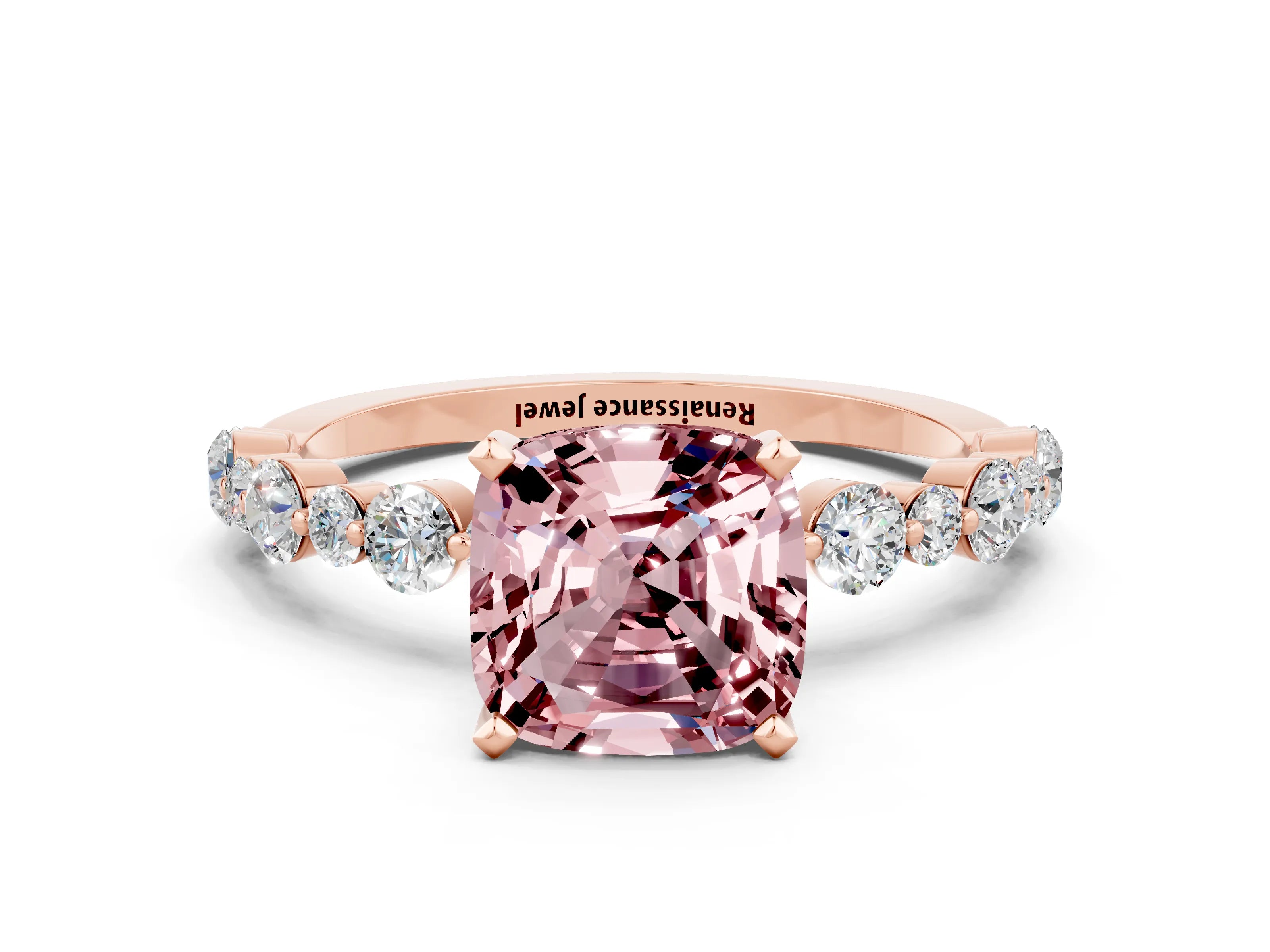 Rose gold Cushion Cut Morganite Prong Set Engagement Ring with Pavé Band