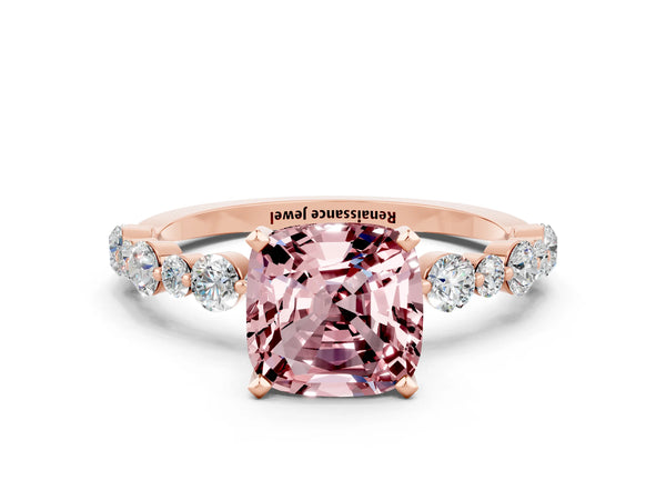 Rose gold Cushion Cut Morganite Prong Set Engagement Ring with Pavé Band