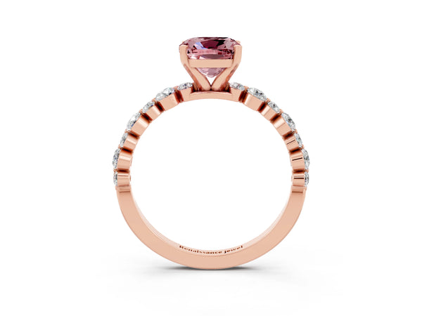 Rose gold Cushion Cut Morganite Prong Set Engagement Ring with Pavé Band