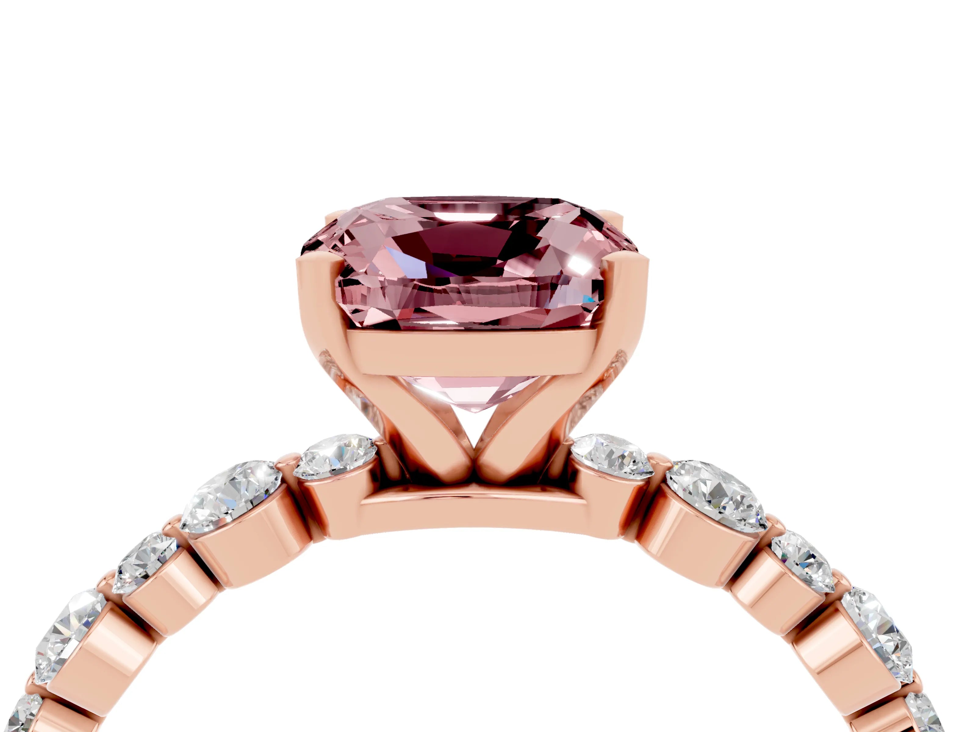 Rose gold Cushion Cut Morganite Prong Set Engagement Ring with Pavé Band_4