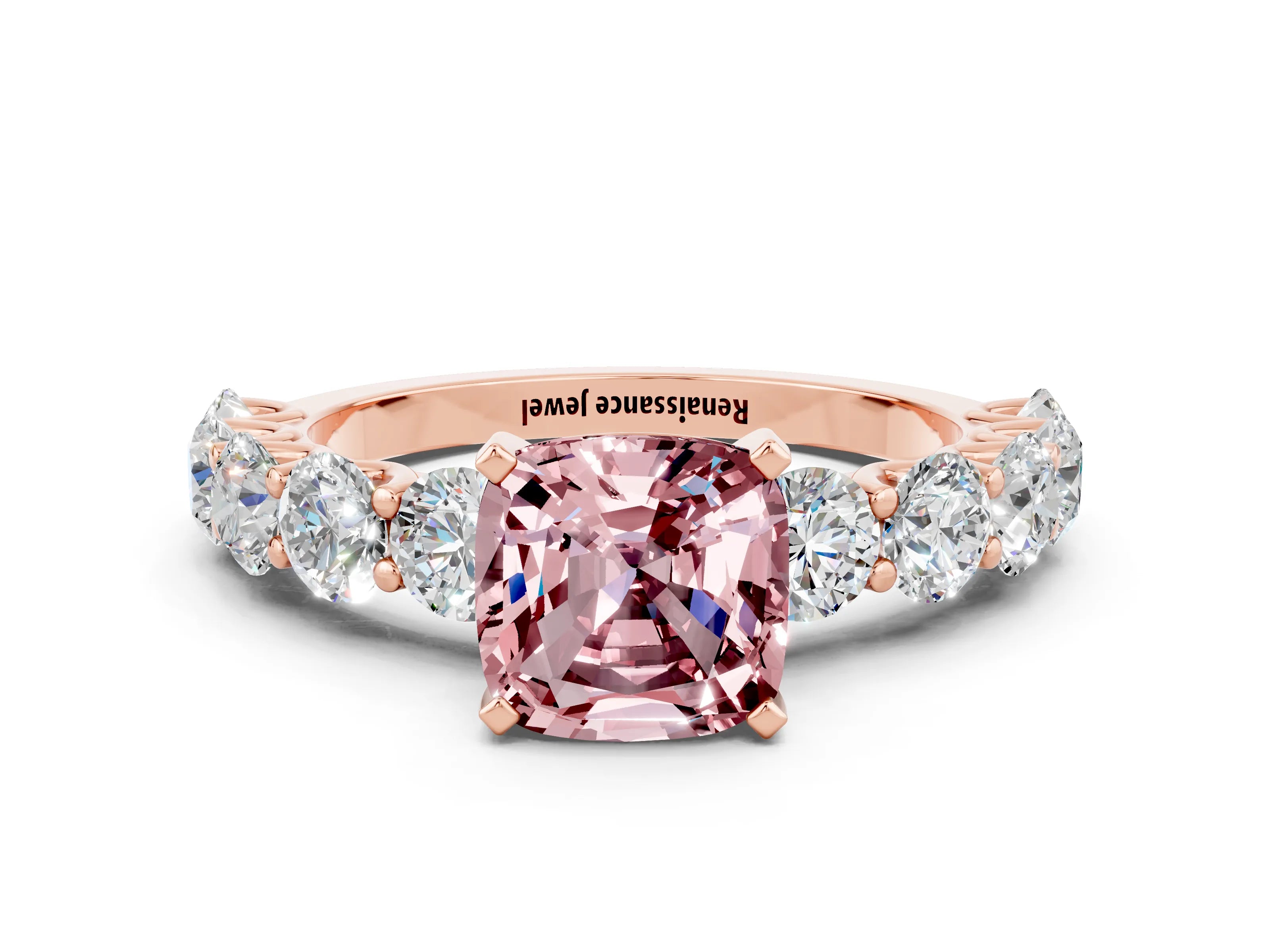 Rose gold Cushion Cut Morganite Prong Setting with Side Stones on a Pave Band