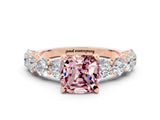 Rose gold Cushion Cut Morganite Prong Setting with Side Stones on a Pave Band