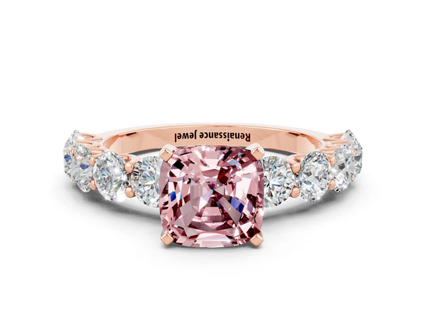 Rose gold Cushion Cut Morganite Prong Setting with Side Stones on a Pave Band