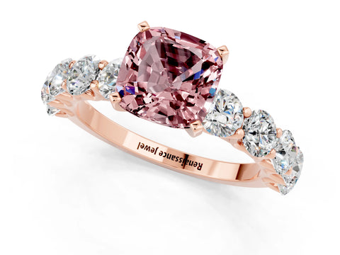 Rose gold Cushion Cut Morganite Prong Setting with Side Stones on a Pave Band_1