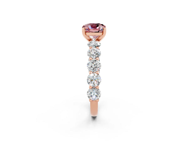 Rose gold Cushion Cut Morganite Prong Setting with Side Stones on a Pave Band
