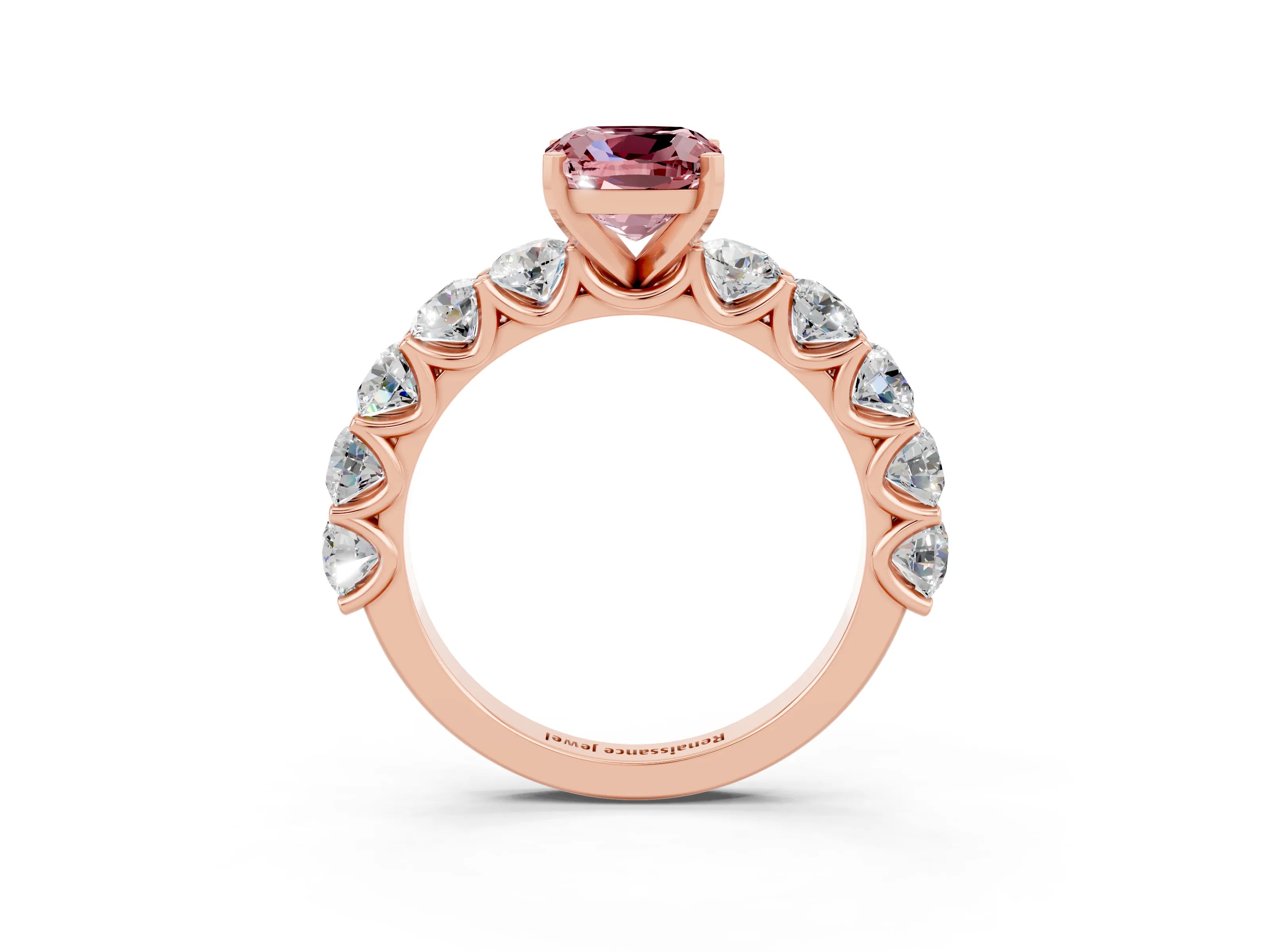 Rose gold Cushion Cut Morganite Prong Setting with Side Stones on a Pave Band_3