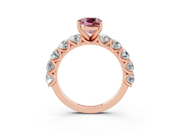 Rose gold Cushion Cut Morganite Prong Setting with Side Stones on a Pave Band