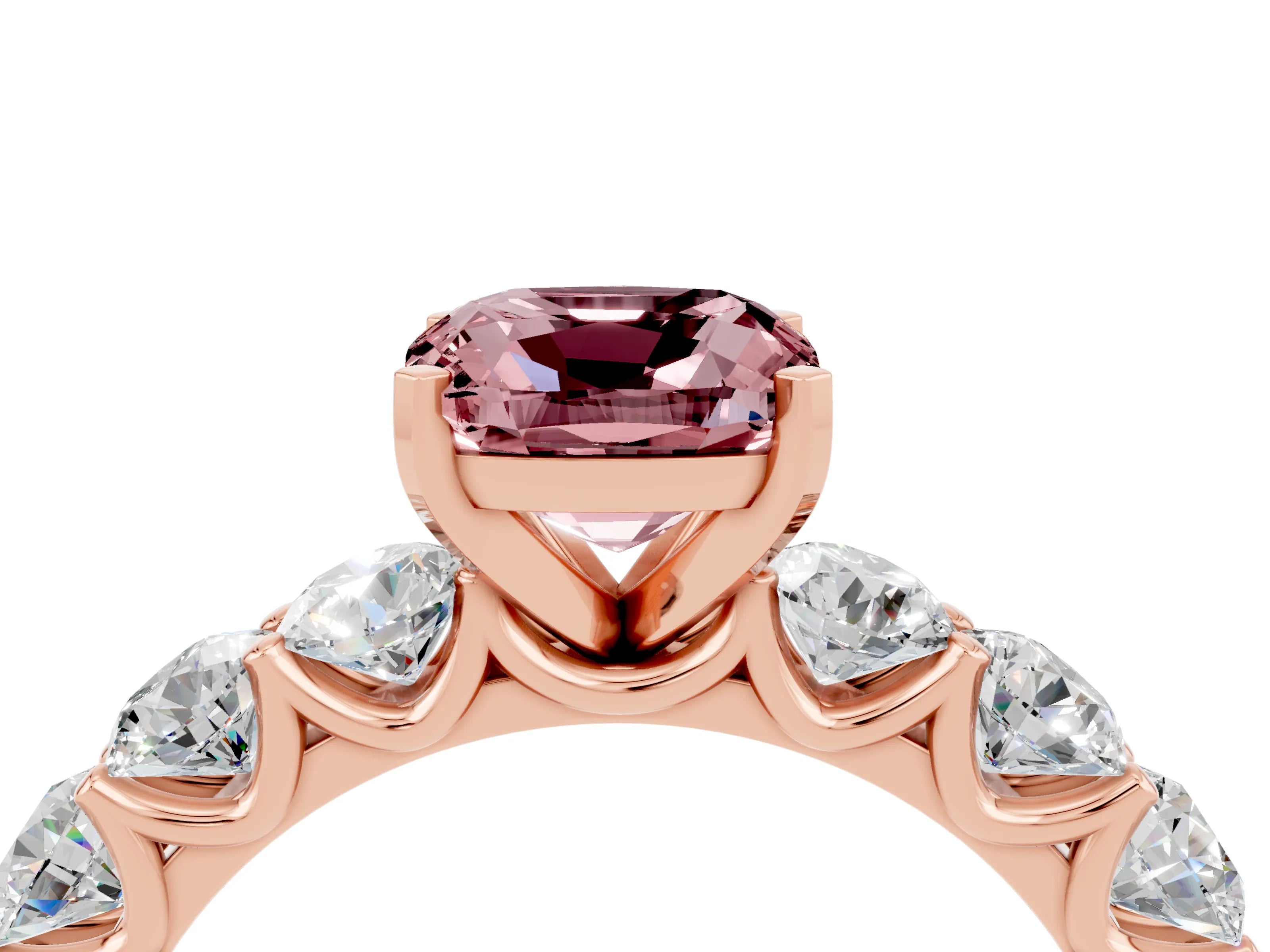 Rose gold Cushion Cut Morganite Prong Setting with Side Stones on a Pave Band_4