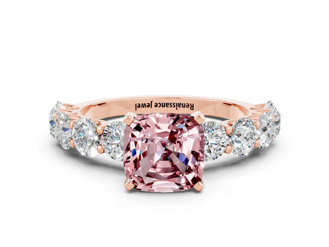 Rose gold Cushion Cut Morganite Prong Setting with Side Stones on a Pave Band