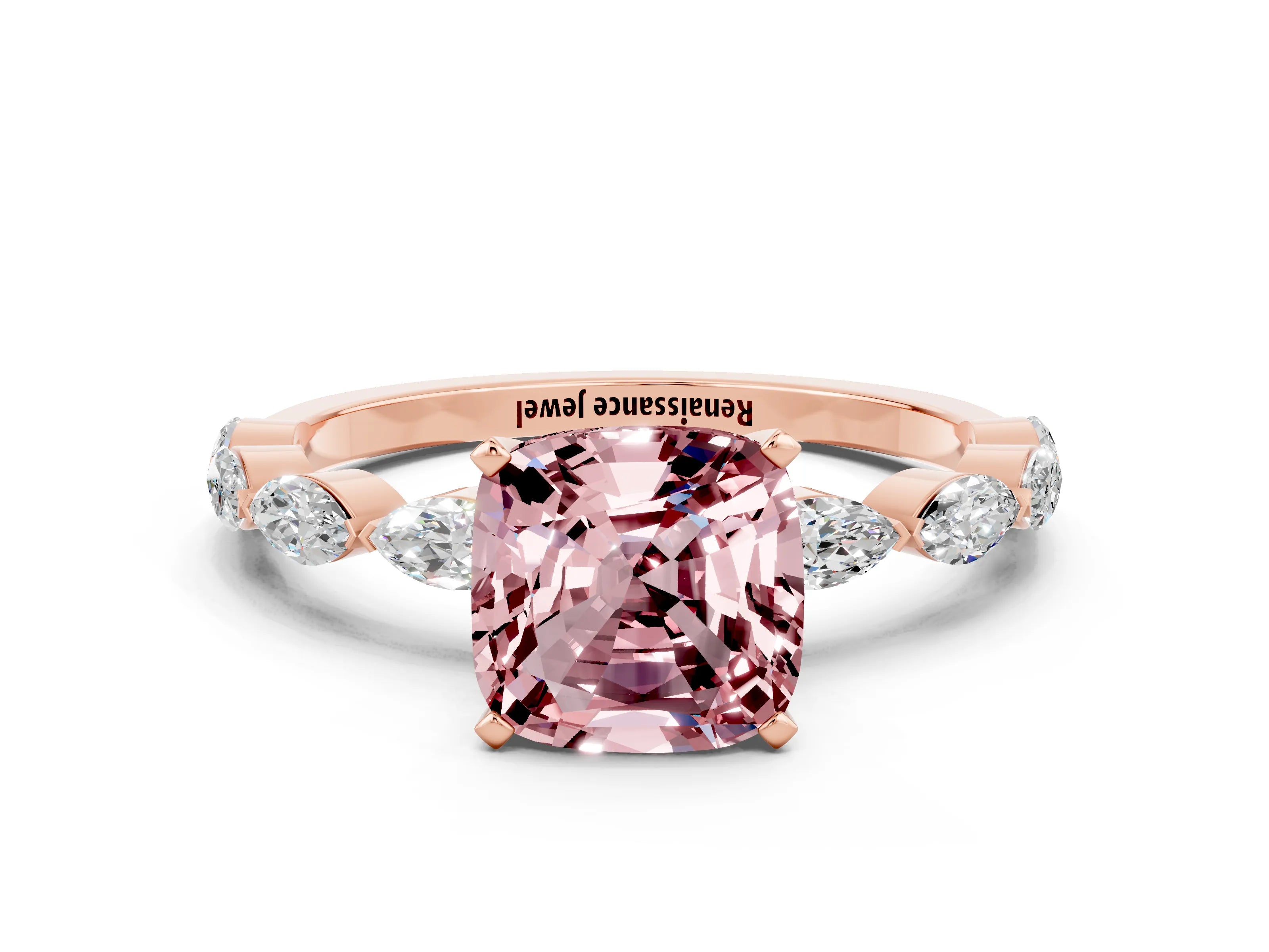 Rose gold Cushion Cut Morganite Ring with Marquise Side Stones and Prong Setting