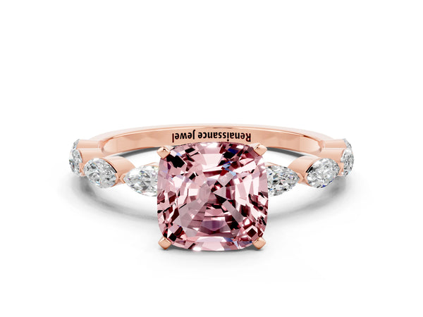 Rose gold Cushion Cut Morganite Ring with Marquise Side Stones and Prong Setting