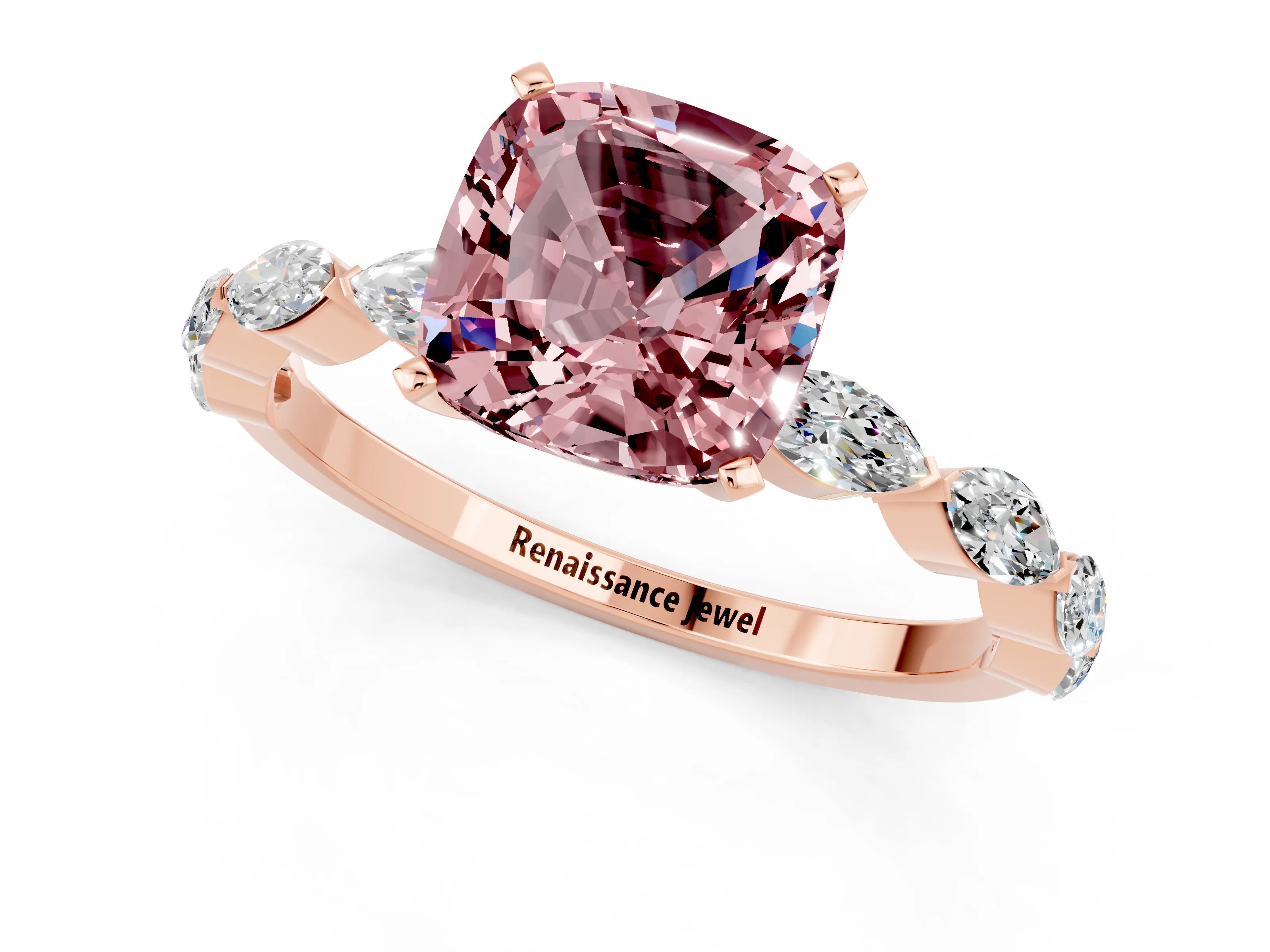Rose gold Cushion Cut Morganite Ring with Marquise Side Stones and Prong Setting_1