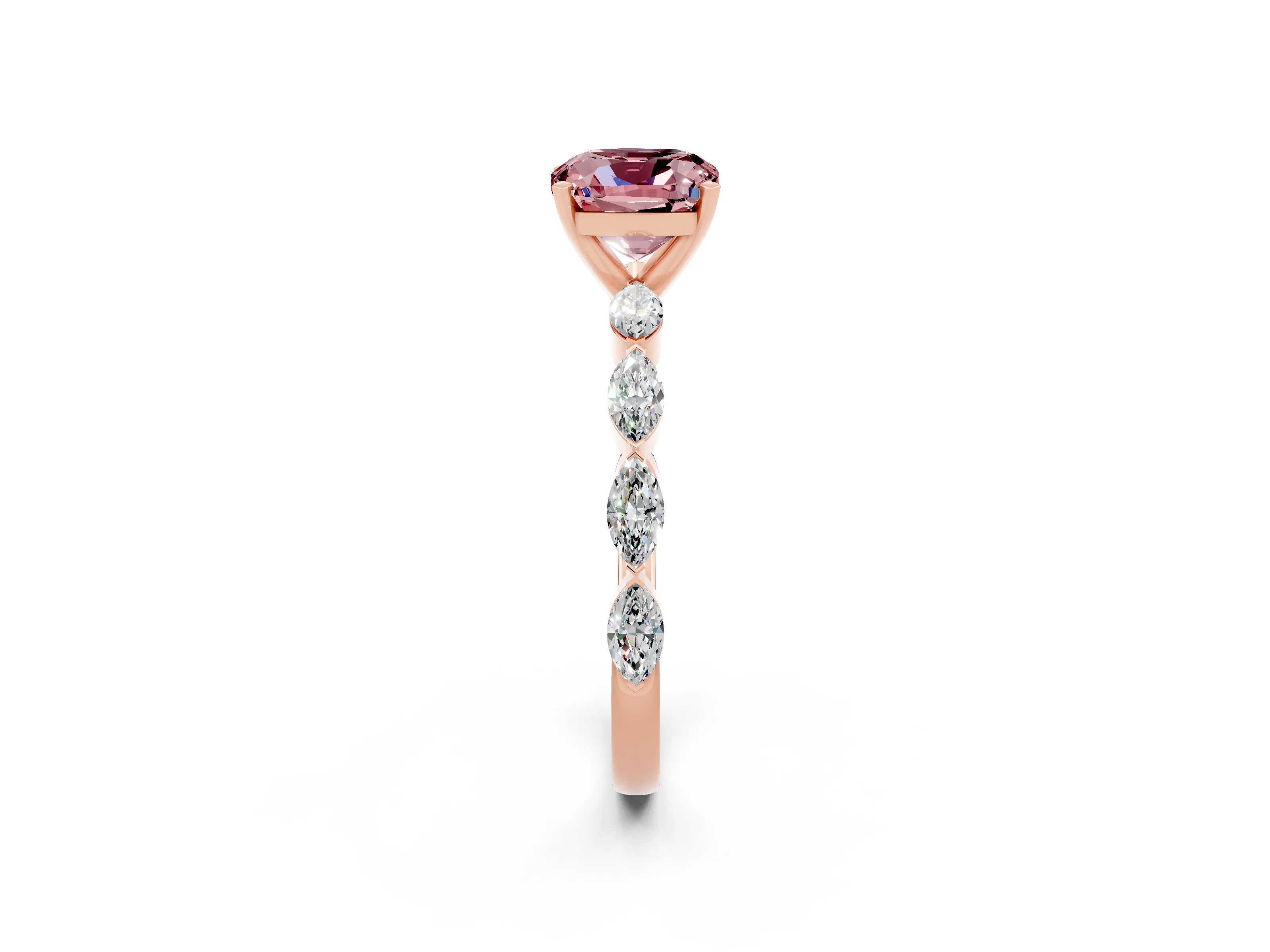 Rose gold Cushion Cut Morganite Ring with Marquise Side Stones and Prong Setting_2