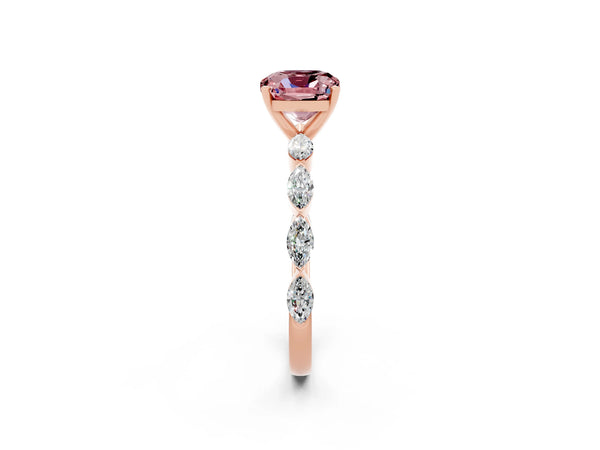 Rose gold Cushion Cut Morganite Ring with Marquise Side Stones and Prong Setting