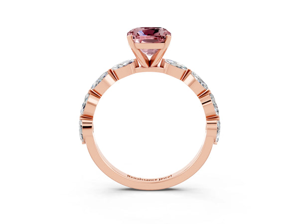 Rose gold Cushion Cut Morganite Ring with Marquise Side Stones and Prong Setting
