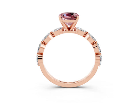 Rose gold Cushion Cut Morganite Ring with Marquise Side Stones and Prong Setting_3