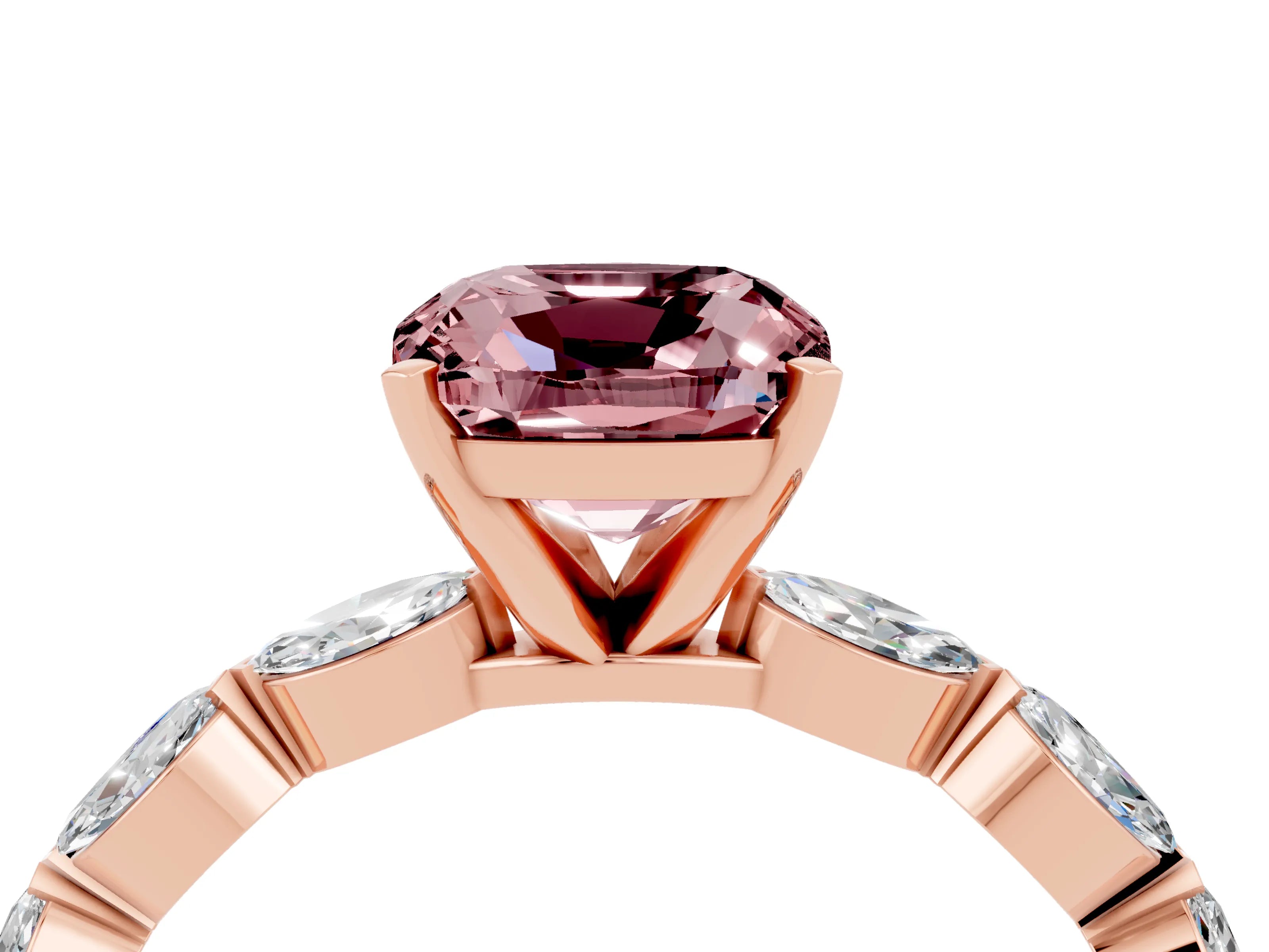 Rose gold Cushion Cut Morganite Ring with Marquise Side Stones and Prong Setting_4