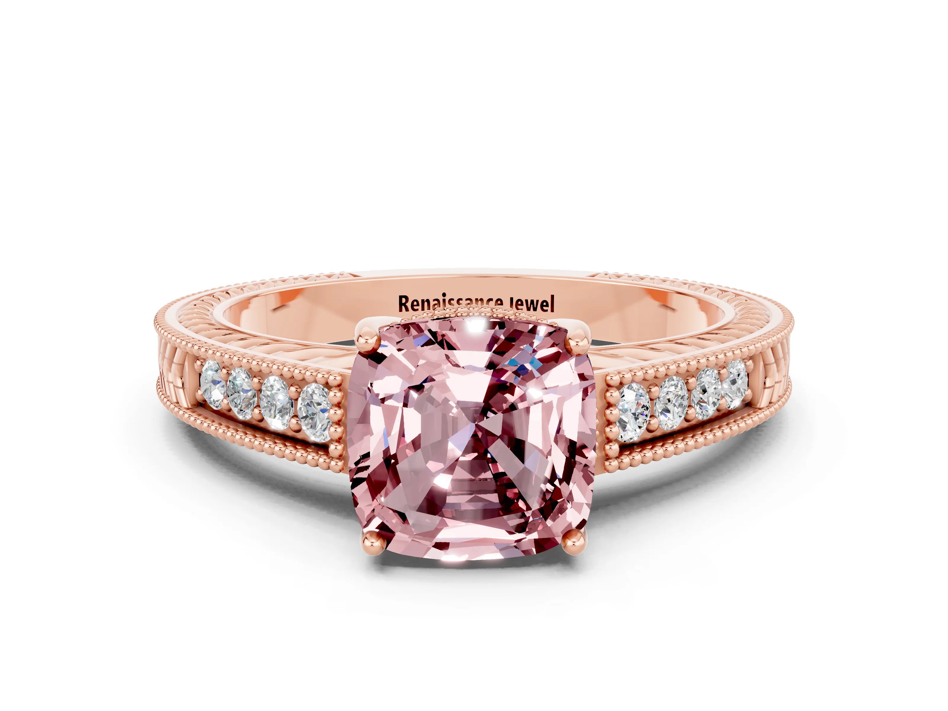 Rose gold Cushion Cut Morganite Ring with Milgrain Pavé Band and Four-Prong Setting_12