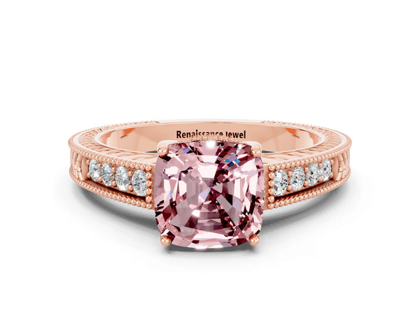 Rose gold Cushion Cut Morganite Ring with Milgrain Pavé Band and Four-Prong Setting