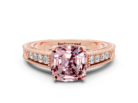Rose gold Cushion Cut Morganite Ring with Milgrain Pavé Band and Four-Prong Setting_12
