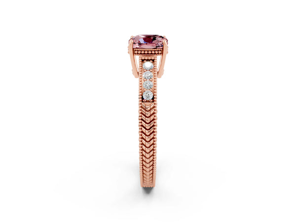 Rose gold Cushion Cut Morganite Ring with Milgrain Pavé Band and Four-Prong Setting