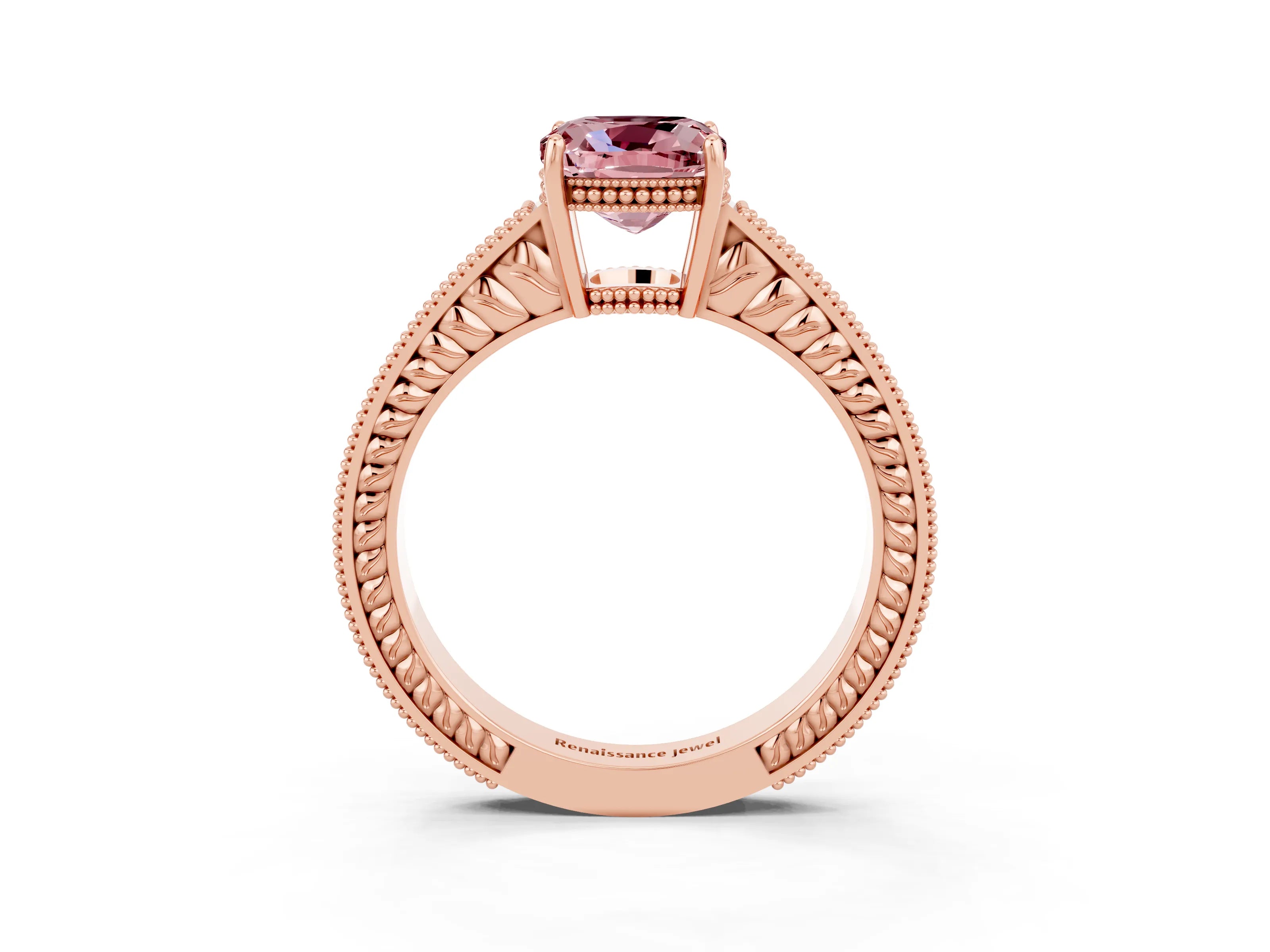 Rose gold Cushion Cut Morganite Ring with Milgrain Pavé Band and Four-Prong Setting_15