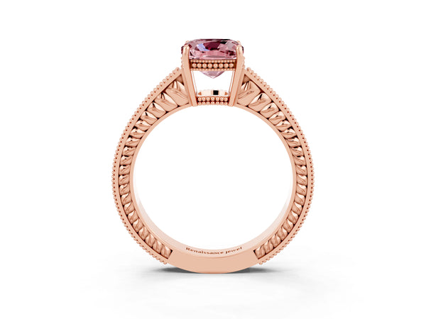 Rose gold Cushion Cut Morganite Ring with Milgrain Pavé Band and Four-Prong Setting