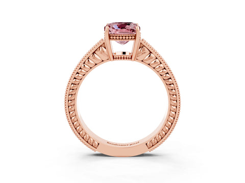 Rose gold Cushion Cut Morganite Ring with Milgrain Pavé Band and Four-Prong Setting_15