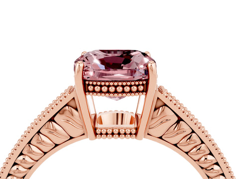 Rose gold Cushion Cut Morganite Ring with Milgrain Pavé Band and Four-Prong Setting_16