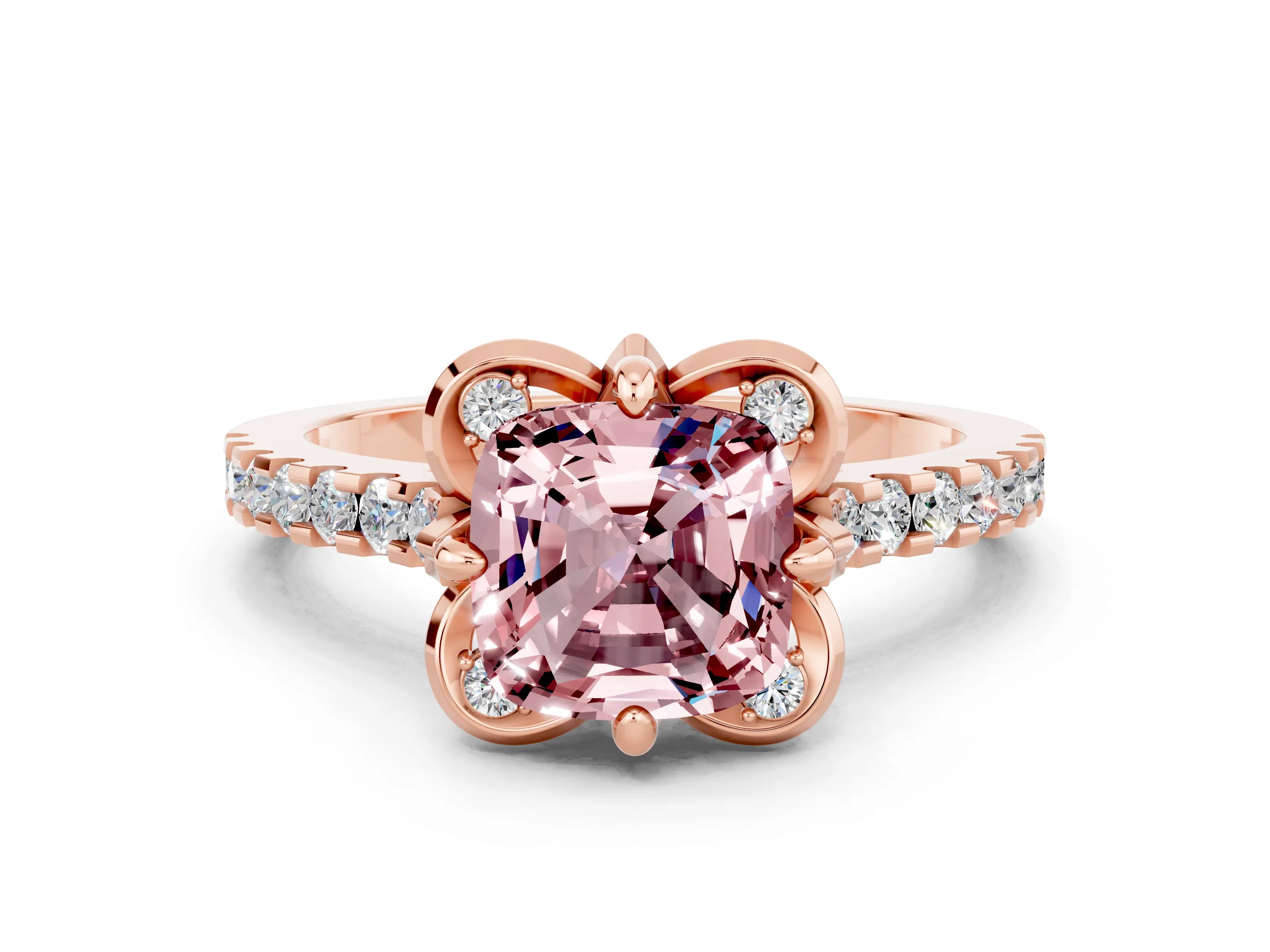 Rose gold Cushion Cut Morganite Ring with Pavé Band and Floral Prong Setting