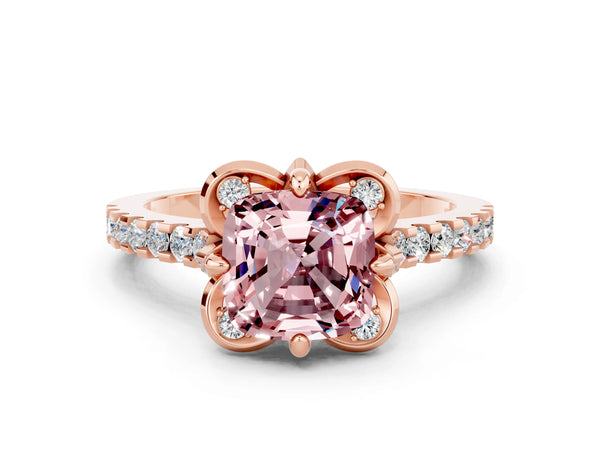 Rose gold Cushion Cut Morganite Ring with Pavé Band and Floral Prong Setting
